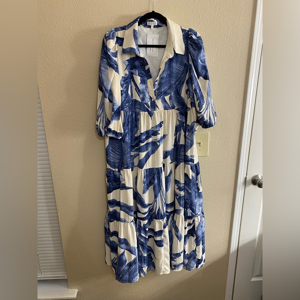 Blue and white midi dress